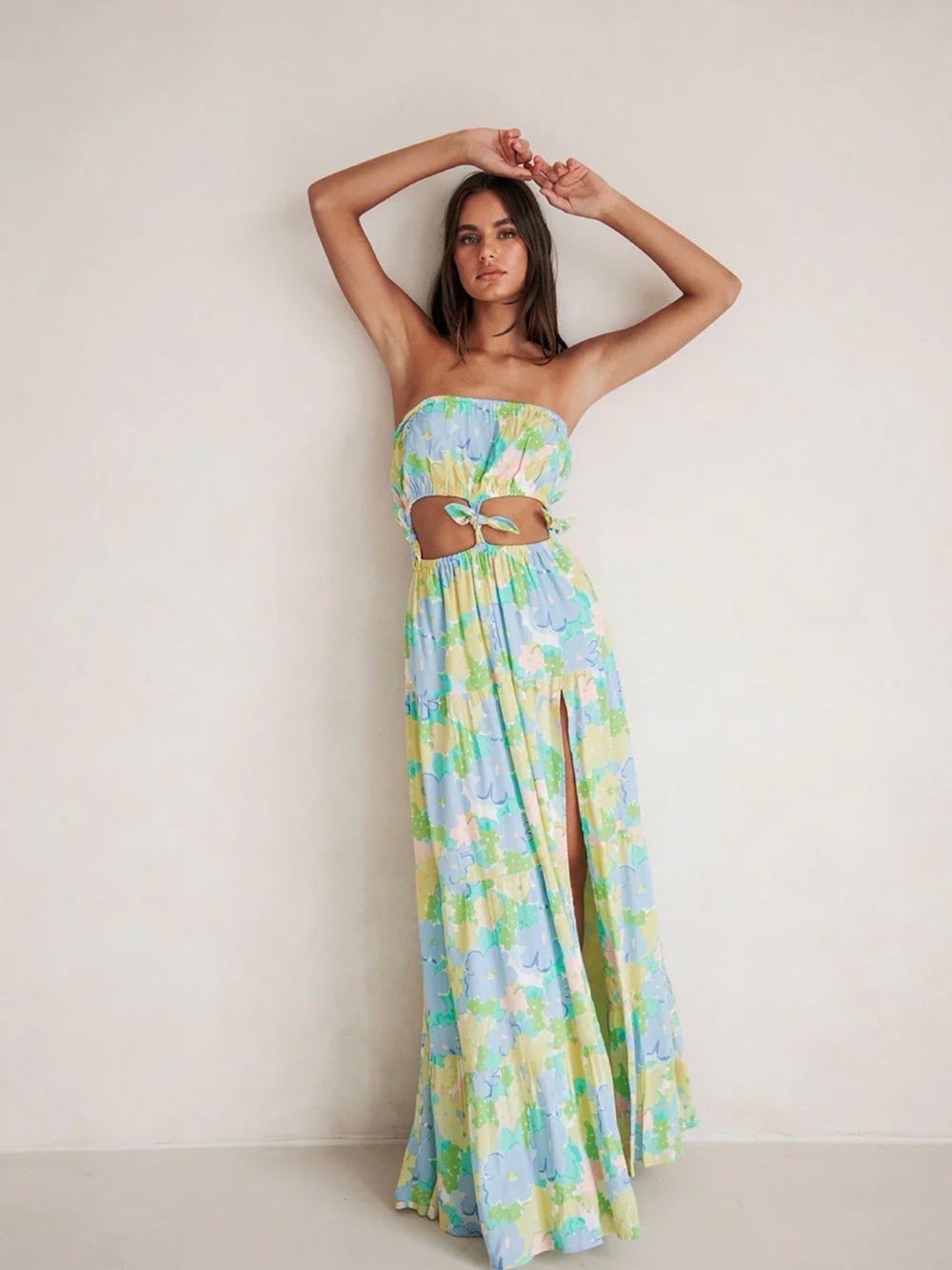 Sabo Strapless Floral Maxi Dress in Pastel Yellow & Blue